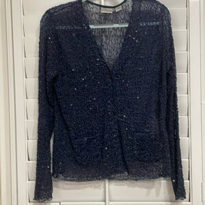 Chico’s Size 2 (12/14) V Neck Buttoned Sequined Sheer Navy Long  Sleeve Jacket